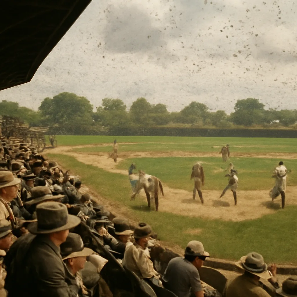 1930s-era baseball field with players, umpires, and spectators amid a dense swarm of grasshoppers settling on the infield and stands.