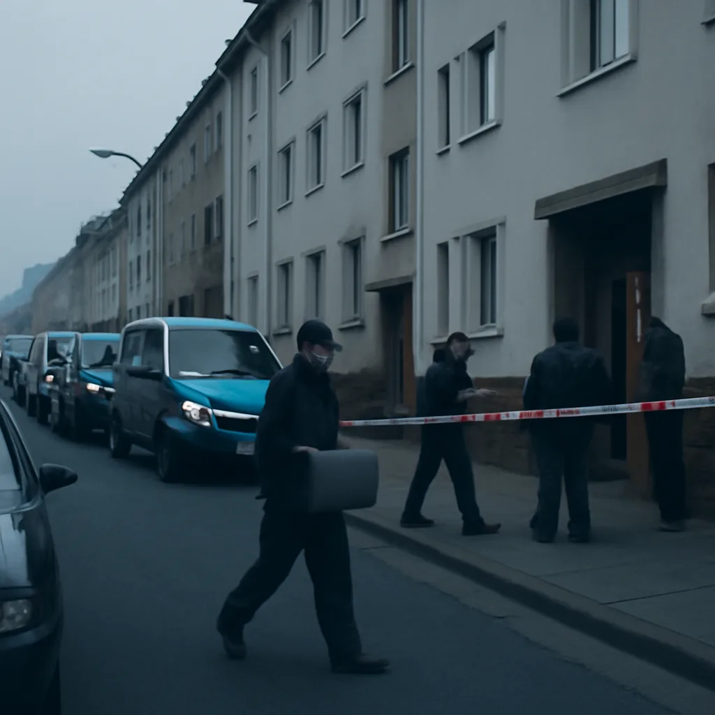 Police vehicles and investigators outside residential buildings during coordinated raids in Germany, evidence collection boxes and marked police tape visible.