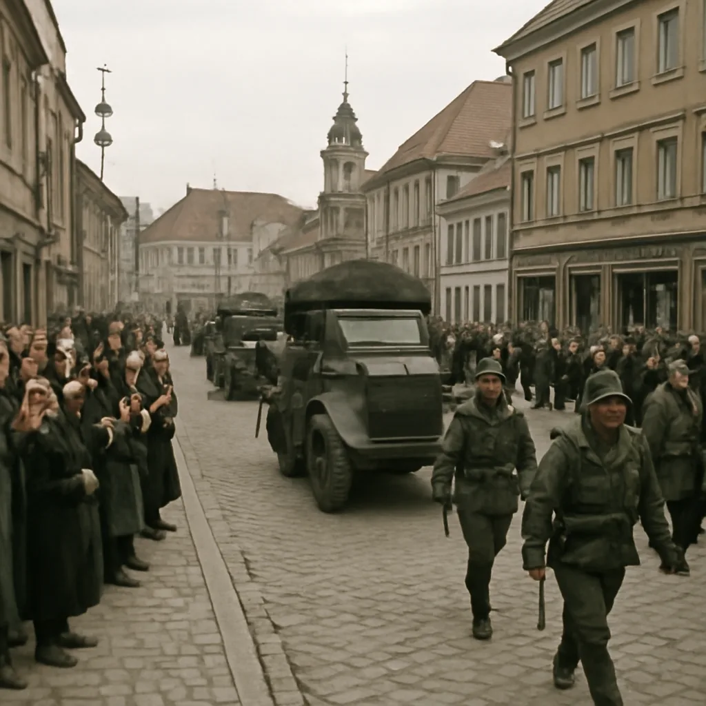 German troops entering Austria near a border town in March 1938, with civilian crowds and banners; a 1930s European townscape in the background.