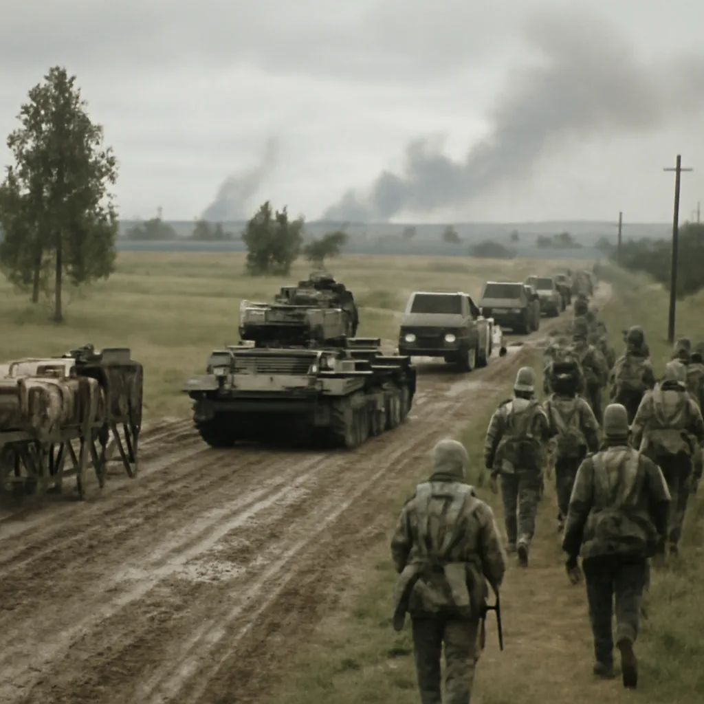 German armored columns and infantry advancing on a broad rural road toward a distant town in summer 1941, with military vehicles, horse-drawn carts, and soldiers in Wehrmacht uniforms; smoke on the horizon and a wide sky.