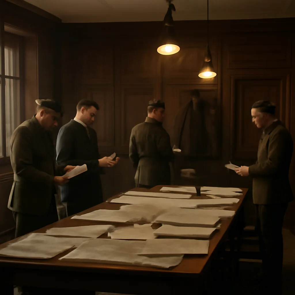 Officials and military officers arranging and examining documents and maps in a wood-paneled office, late 1918, with uniformed personnel and period furnishings indicative of immediate post-World War I Europe.