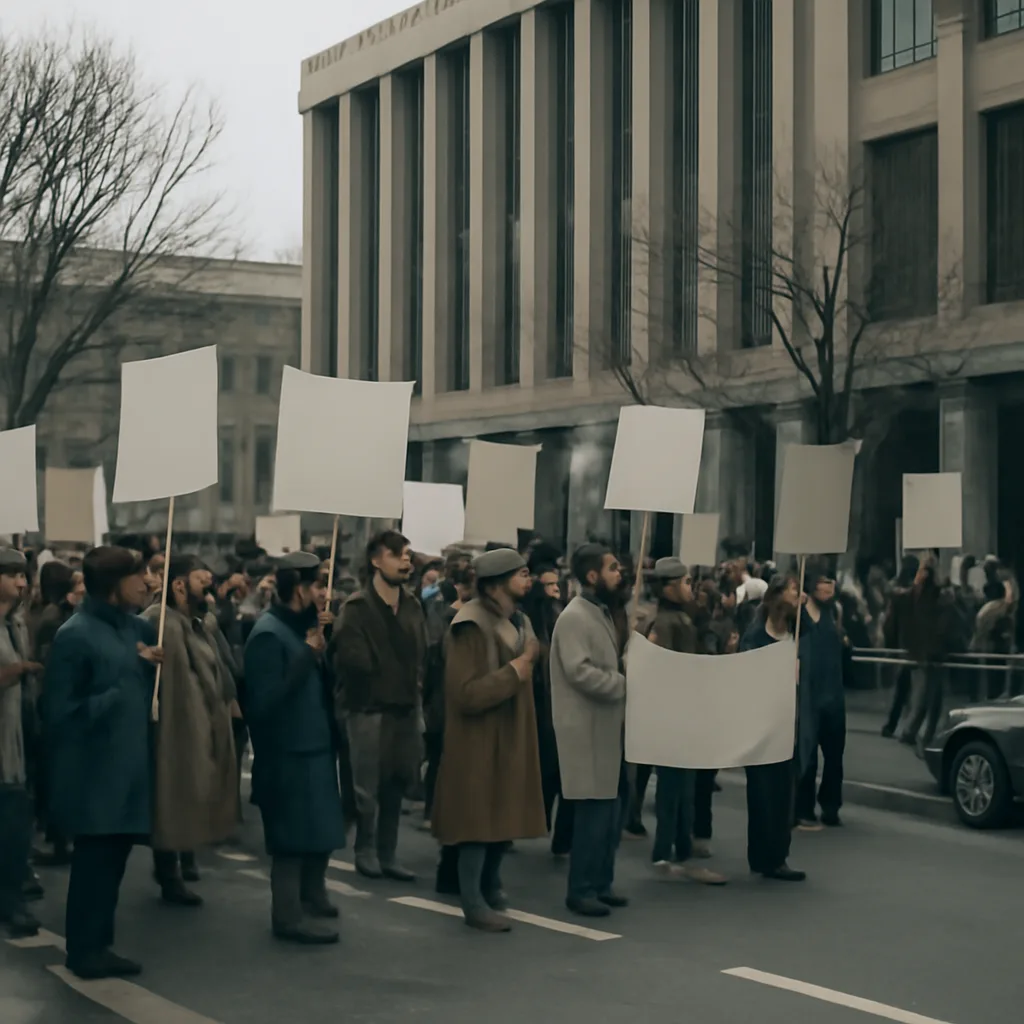 Crowd of international protesters outside a government or corporate building with anti-apartheid signs; no identifiable faces, 1980s clothing and banners referencing sanctions and divestment.