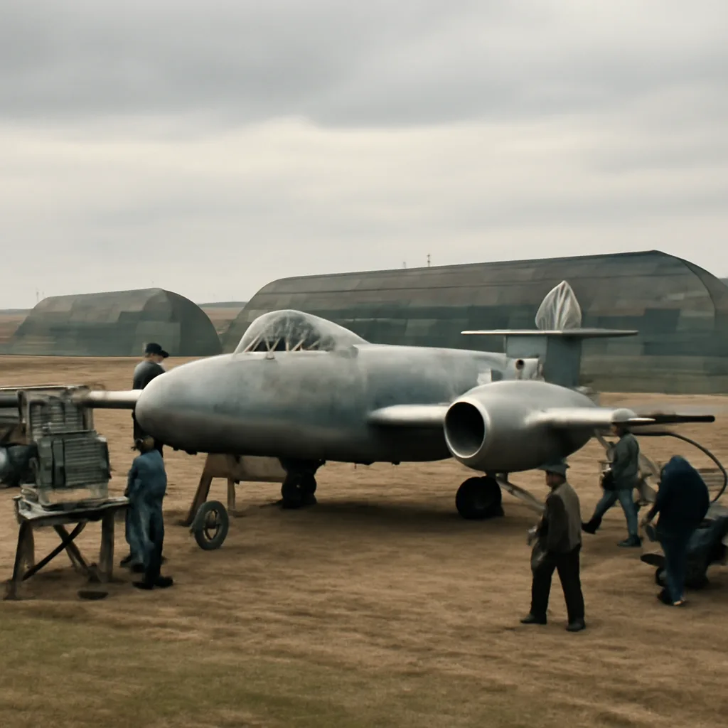 A twin-engine Gloster Meteor prototype on a grass or concrete airfield, early 1940s British military setting, with technicians nearby and vintage ground equipment visible.