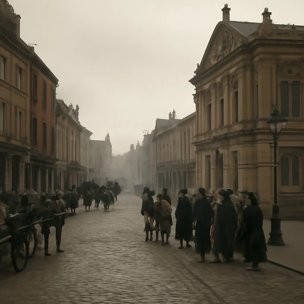 Late 19th-century Gloucester street scene, with horse-drawn carts, brick buildings, and a small crowd gathered outside a civic building; overcast sky, Victorian dress.