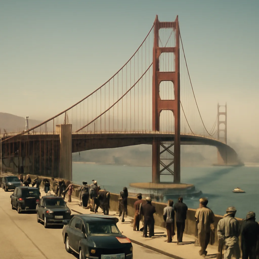 The Golden Gate Bridge at opening: the suspension span and towers rising above fog with groups of people on the bridge deck and vessels in the strait below.