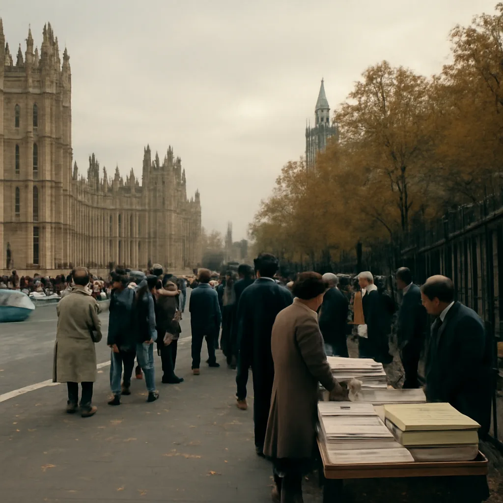 Crowd outside the Houses of Parliament with queues of newspapers and traders watching financial tickers, October 1992-era street scene.