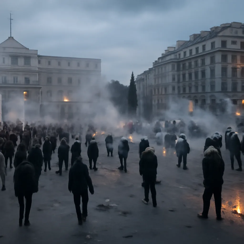 Crowd of protesters and riot police in central Athens near Syntagma Square, with smoke from tear gas or fires and damaged urban street furniture visible.