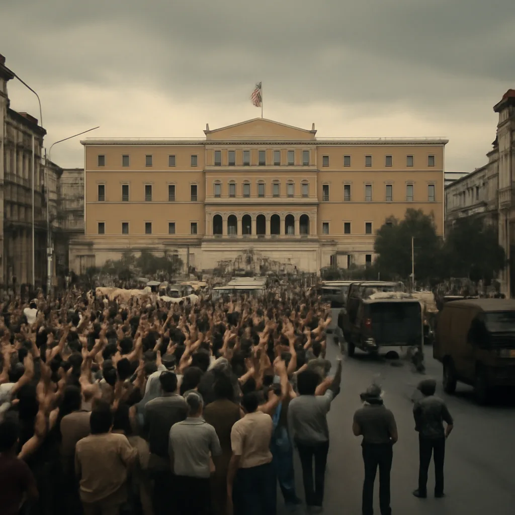 Crowds and military vehicles near Syntagma Square in Athens in July 1974, showing public demonstrations and signs of political upheaval after the junta’s collapse.