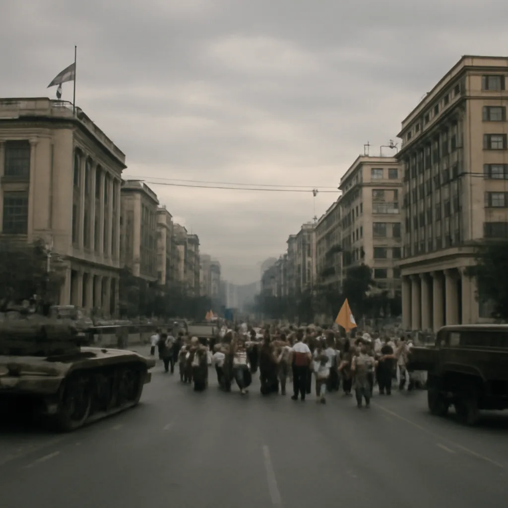 Crowds and empty military vehicles on a wide Athens avenue in July 1974; visible banners, period civilian clothing and 1970s cars, with public buildings in the background, capturing the tense atmosphere of protest and political transition.