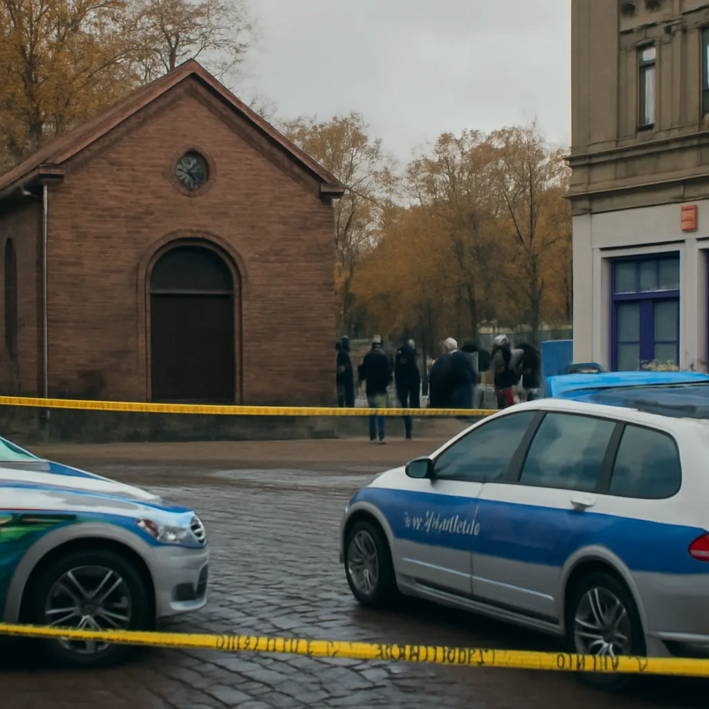 Exterior of the Halle synagogue area after the 9 October 2019 attack, police tape and emergency vehicles visible, showing a closed street and responders; no identifiable faces.