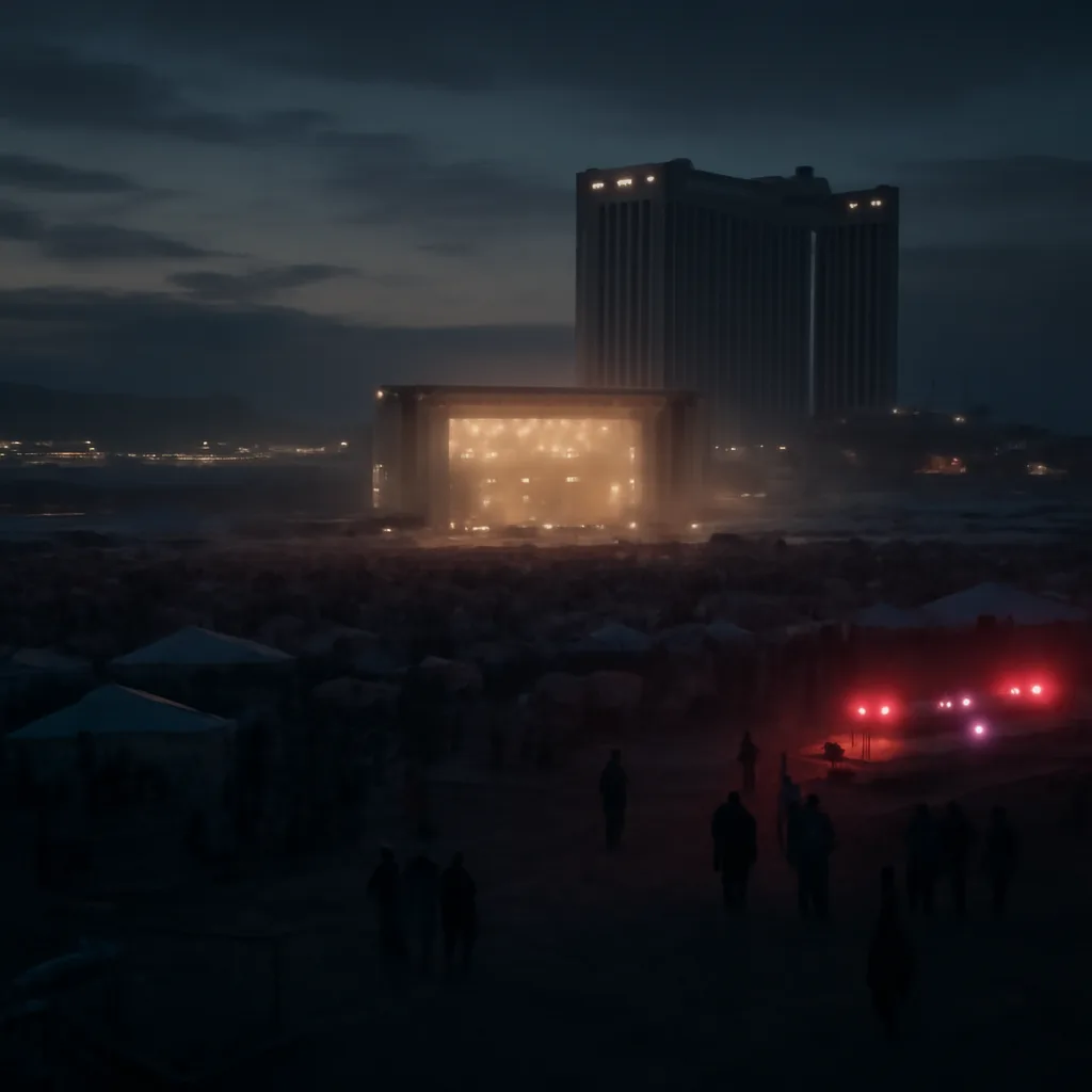 A large outdoor music festival field at dusk with an adjacent multi-story hotel in the background; emergency vehicles and people moving away from the venue (no identifiable faces).
