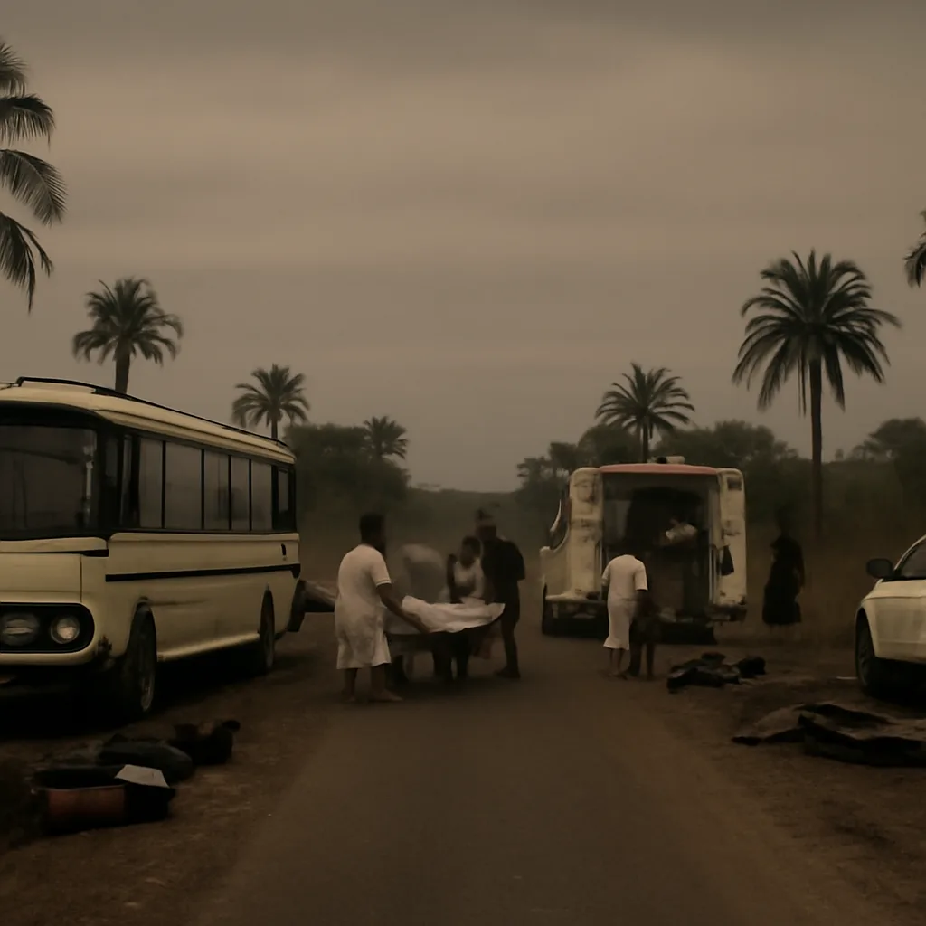 A long coach bus stopped on a rural road in a palm-fringed, flat landscape near Cabinda, with emergency vehicles and medical personnel nearby; no identifiable faces visible.