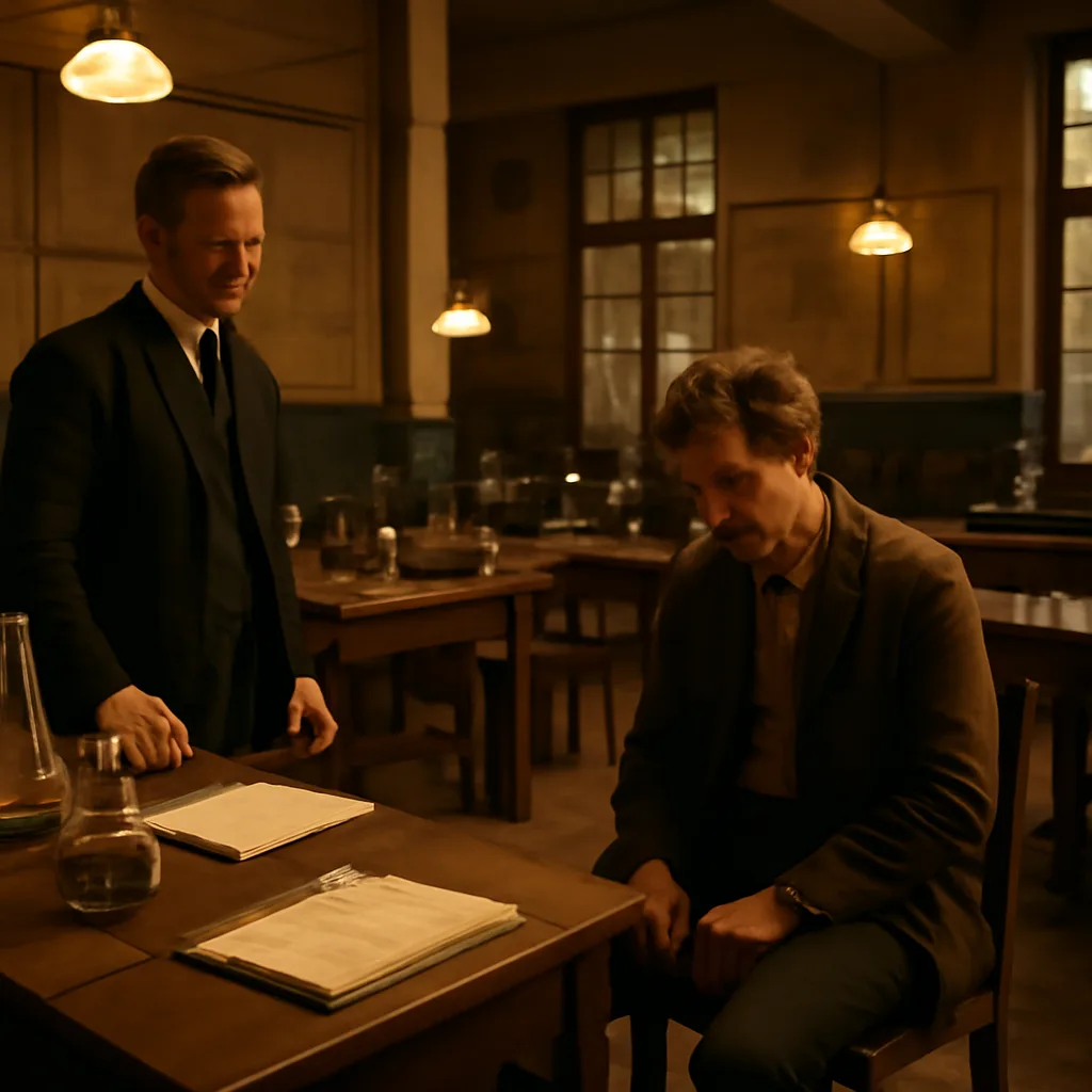 Late 19th-century laboratory room with wooden benches, glassware, notebooks and a researcher observing a seated subject under gaslight-style lamps; subjects wear period clothing typical of the 1890s.