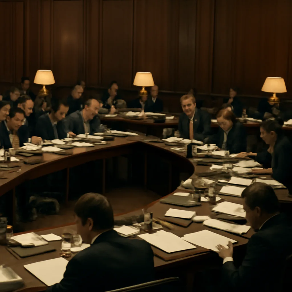 1970s hearing room with microphones, papers, and men in suits seated at long tables; stacks of documents and official folders on the table suggest congressional review of classified material.
