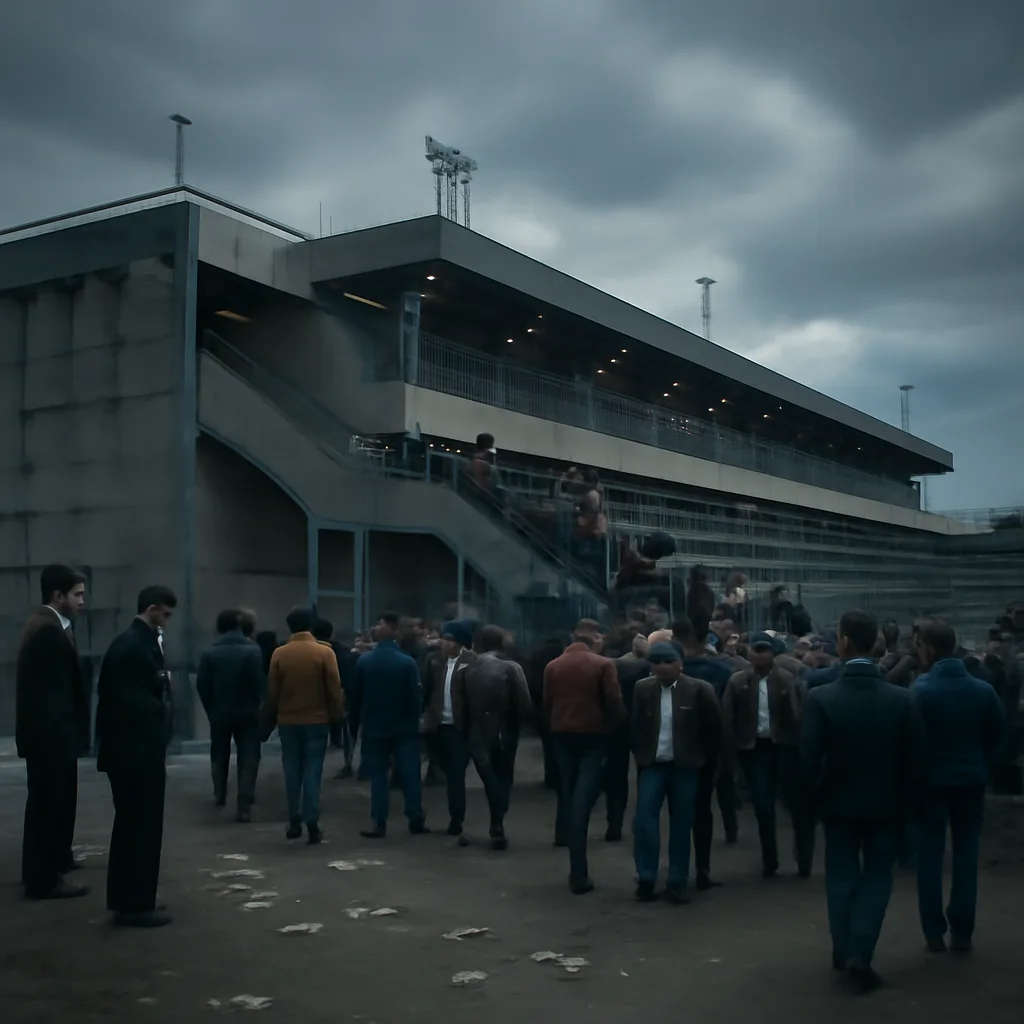 Crowded concrete terraces of Heysel Stadium in 1980s style showing a packed stadium exterior and entrance ramps; no identifiable faces.