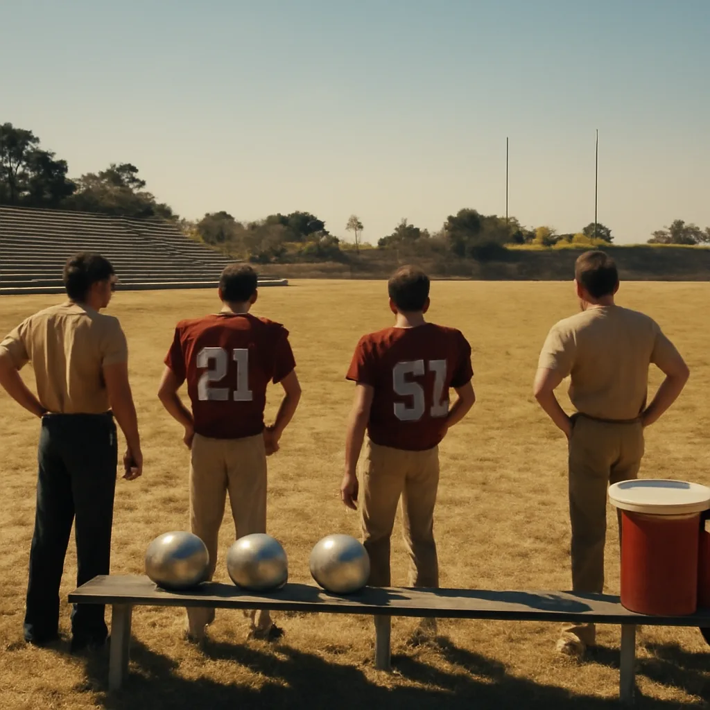 High school football field on a hot late-summer afternoon, empty sideline with equipment and water coolers, players' helmets on a bench, no distinct faces visible.