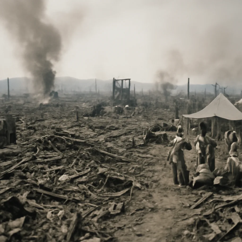 Widespread rubble and ruins in Hiroshima after the atomic bombing, showing flattened buildings, charred debris, and smoke near the hypocenter.