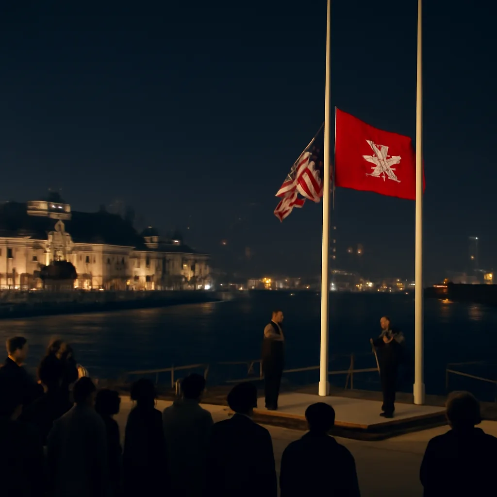 Nighttime view of Victoria Harbour with ceremonial flags lowered and the Hong Kong Special Administrative Region flag being raised over the government complex as ships and buildings are illuminated in 1997.