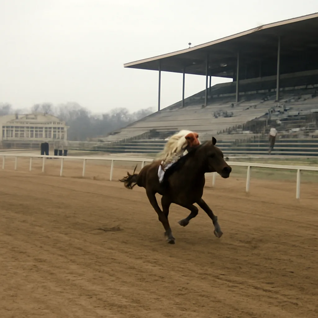 A Thoroughbred running alone on a racetrack, ahead of an empty starting gate, with infield and distant grandstands visible.