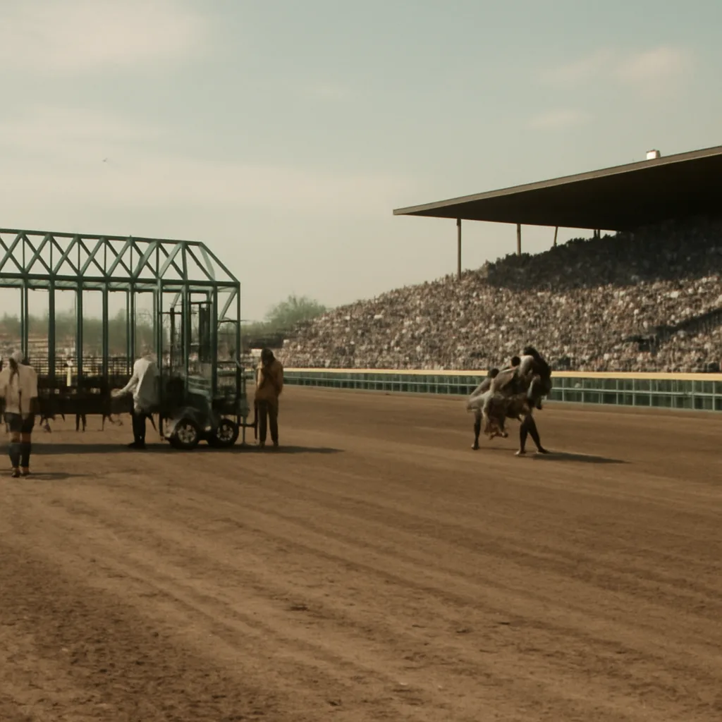 A vintage racetrack scene in the early 1970s showing a dirt course with a starting gate and sparse crowd in the stands; one horse running ahead on the track alone while remaining stalls and horses are still near the gate.