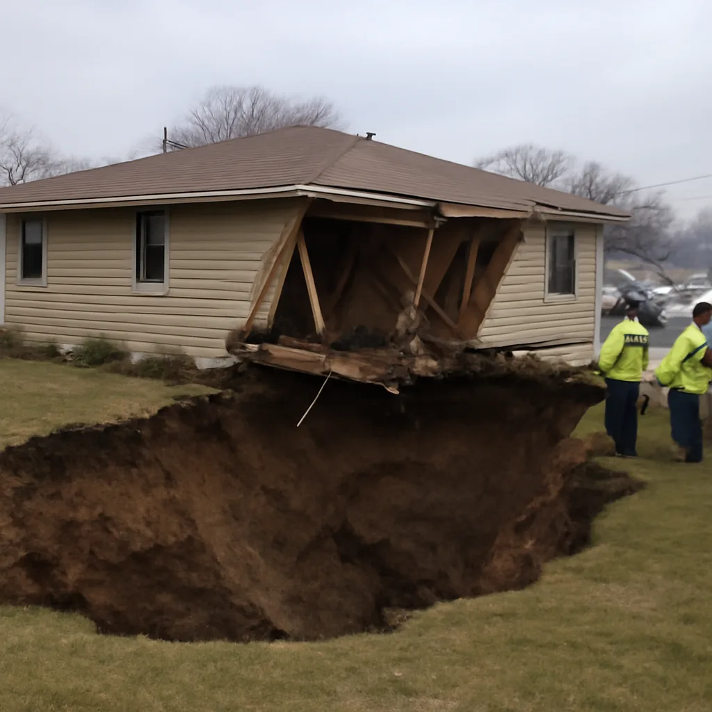Suburban house partially collapsed into a yard sinkhole, with exposed earth where a bedroom once stood; emergency caution tape and officials at the scene.