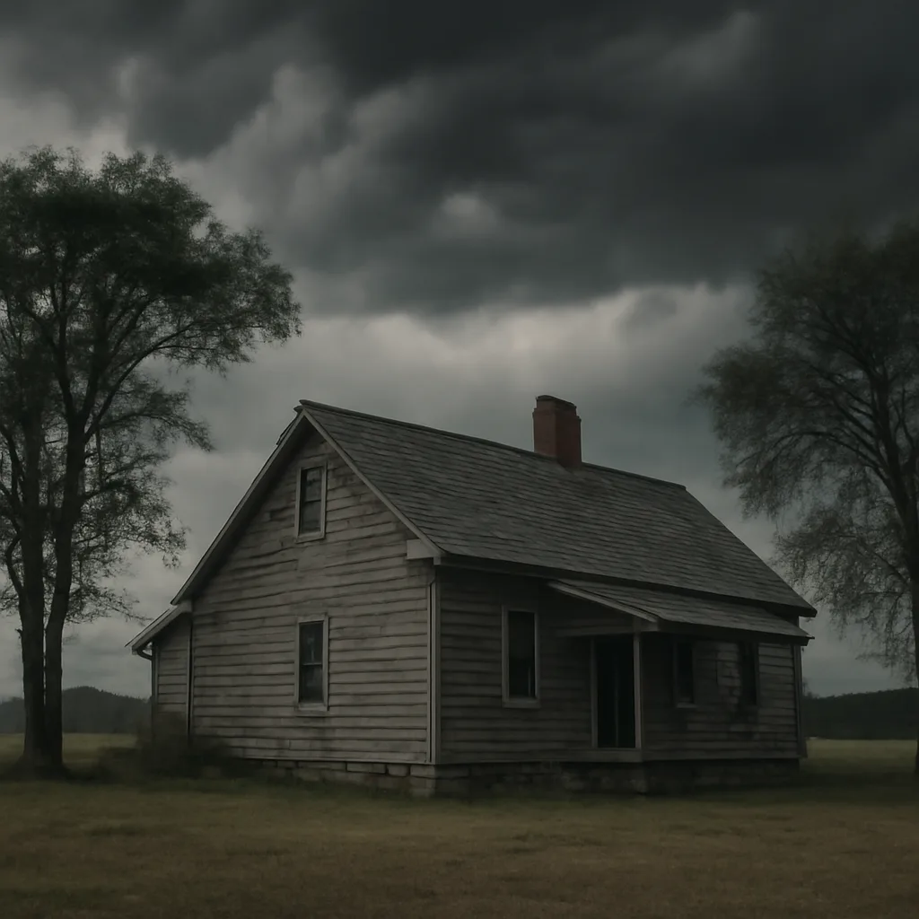 A mid-20th-century rural house with a steep roof and chimney, surrounded by open yard and a few tall trees, under a dark thundercloud sky.