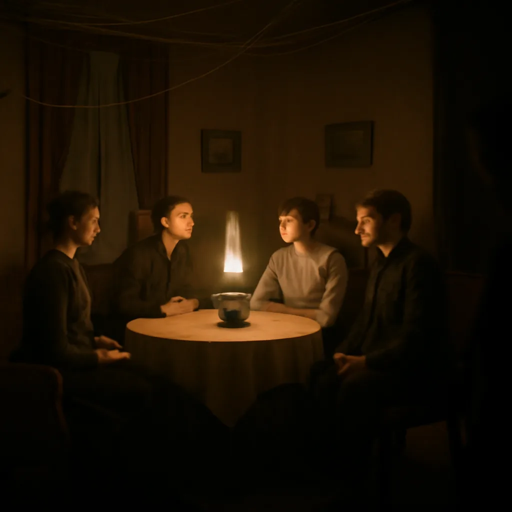 Dimly lit early 20th-century parlor with a small group gathered around a table, simple period furnishings and curtains, hands and objects in motion suggesting a staged séance.