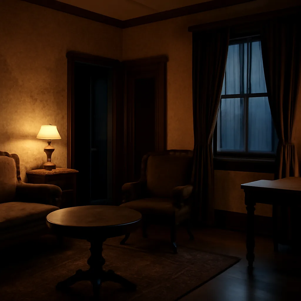 Early 20th-century parlor with furniture arranged, curtains and visible cords near a doorway, lit by gas or early electric lighting.