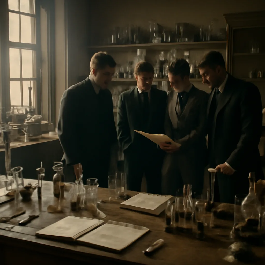 Early 20th-century laboratory interior with benches, glassware, notebooks, and a scientist examining experimental records, conveying an investigative atmosphere.