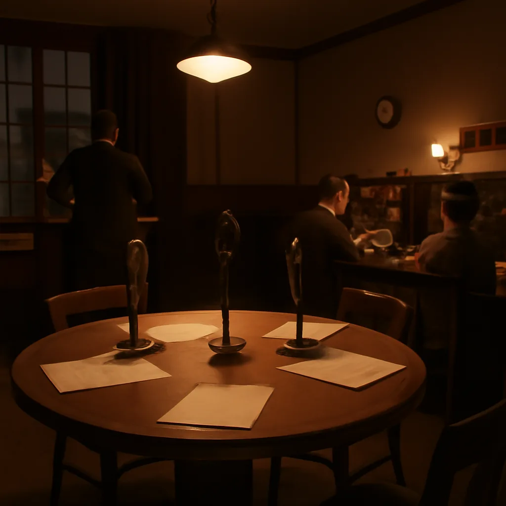 A 1930s radio studio with microphones and script pages on a table; technicians and a conductor visible as silhouettes, studio equipment and a CBS microphone stand in period style.