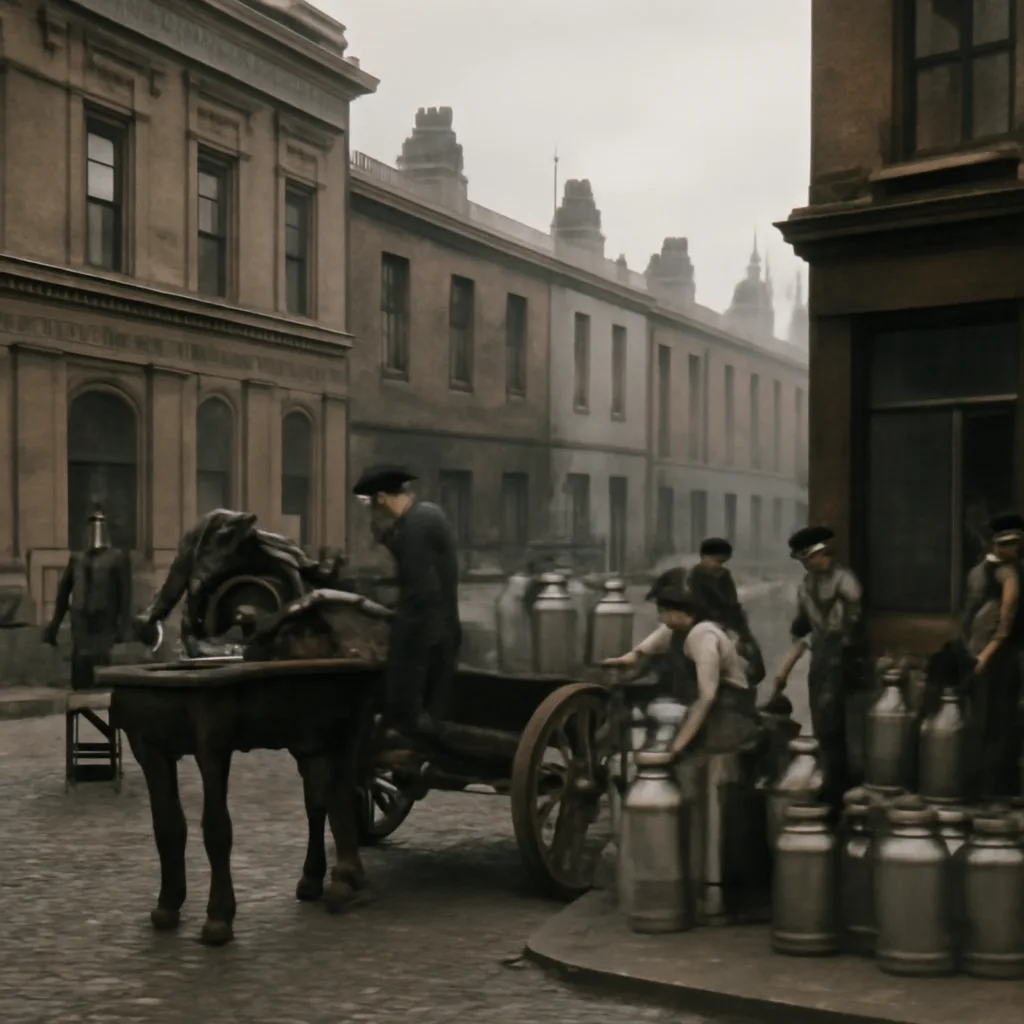 Late 19th-century street scene in London showing horse-drawn milk carts and a municipal laboratory building in the background, with workers handling milk cans; no identifiable faces.
