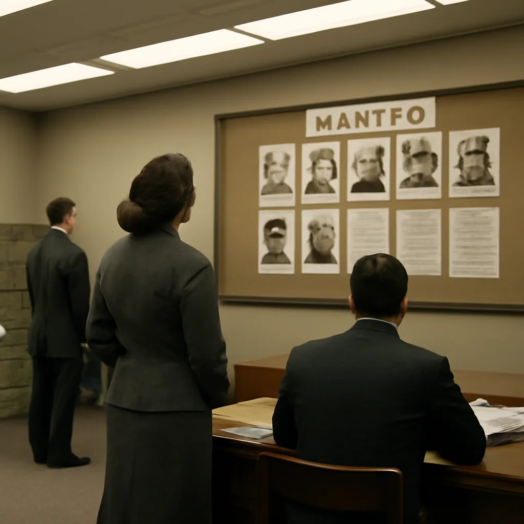 Black-and-white 1950s office scene showing an FBI bulletin board with 'Wanted' photographs and typed notices, mid-century office furnishings, and newspapers stacked on a desk.
