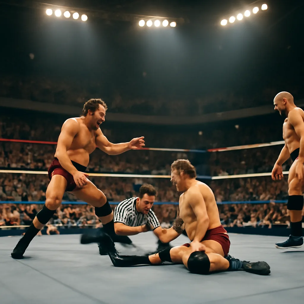WCW ring with two wrestlers in mid-spot; one extends a finger toward the other's chest while a referee begins to count a pin; audience seating and arena lighting visible.