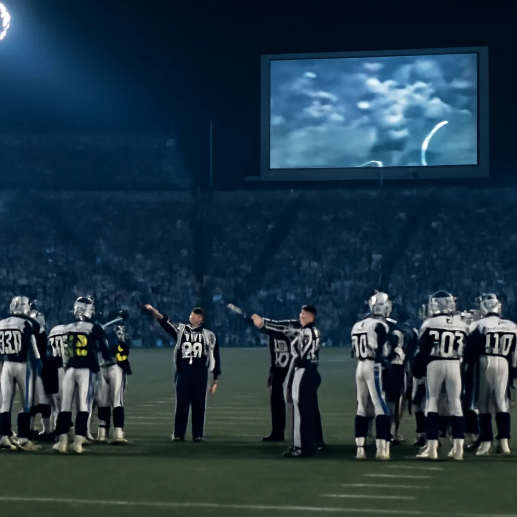Cold evening at Foxboro Stadium in January 2002: players clustered near the sideline after a quarterback hit, referees conferring, and the crowd in winter clothing watching overhead replay on the stadium board.