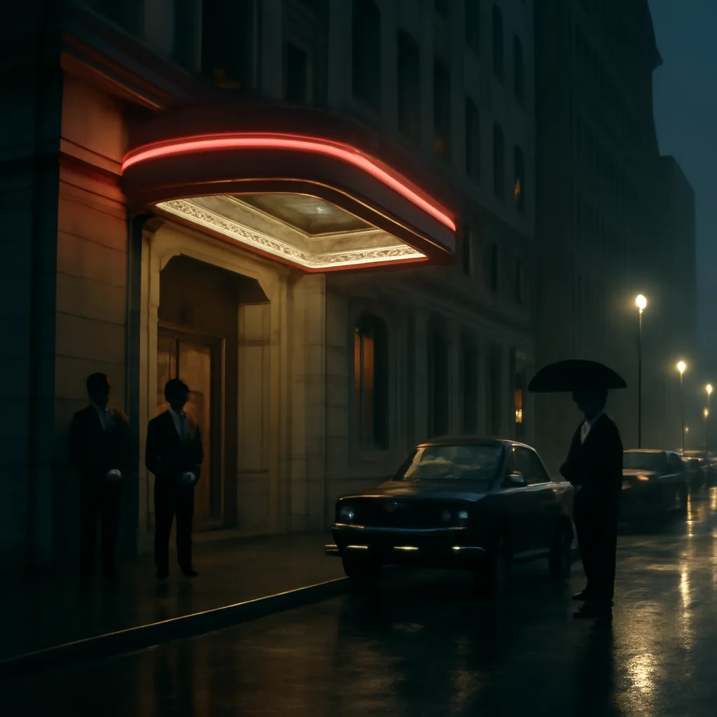 Mid-20th-century hotel exterior at night with discrete cars and subdued lighting, suggesting privacy and seclusion in an urban setting.