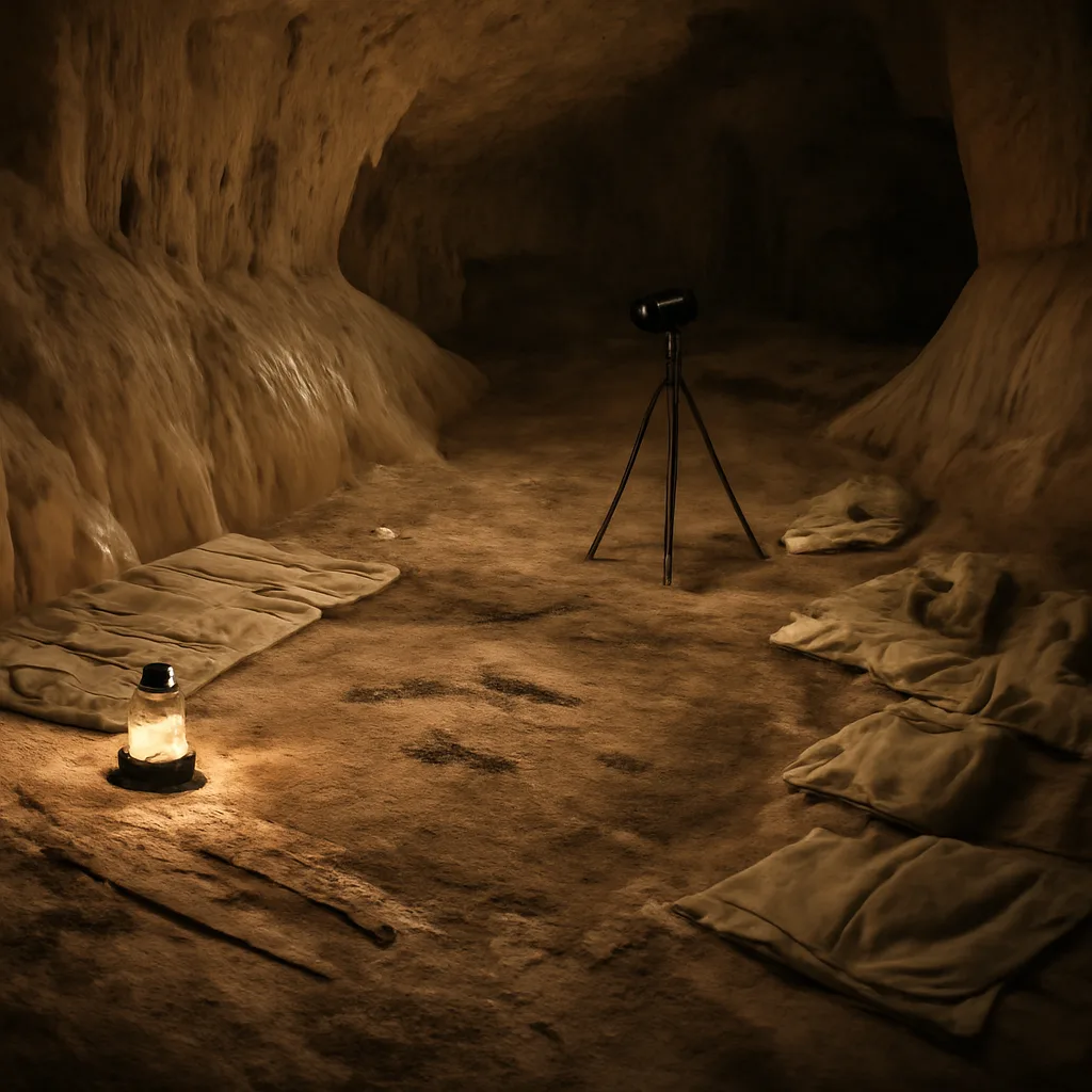Interior of a limestone cave chamber showing a smooth calcite-covered floor with an area of exposed sediment and a thin layer of flowstone nearby, lit by soft artificial light.