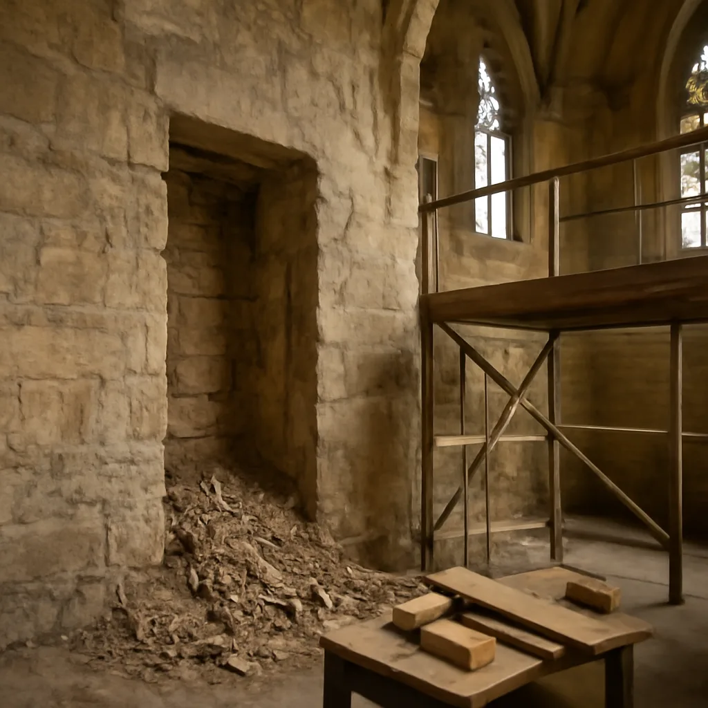 Interior view of an old church wall opened to reveal a narrow cavity with disturbed mortar and small bone fragments visible among rubble and dust.