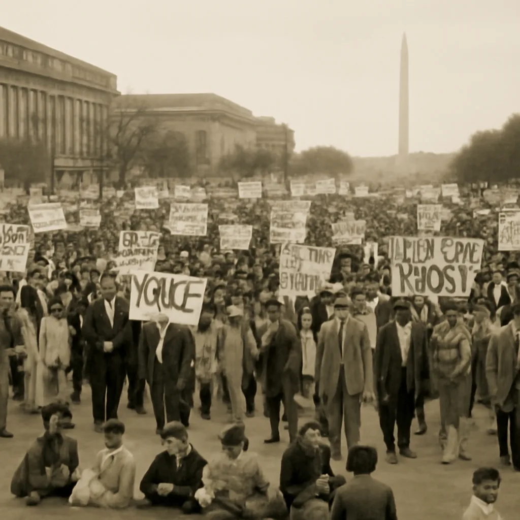 Large crowd of anti-war protesters marching and gathered near the National Mall in Washington, D.C., with signs and banners; police forming lines at nearby streets.