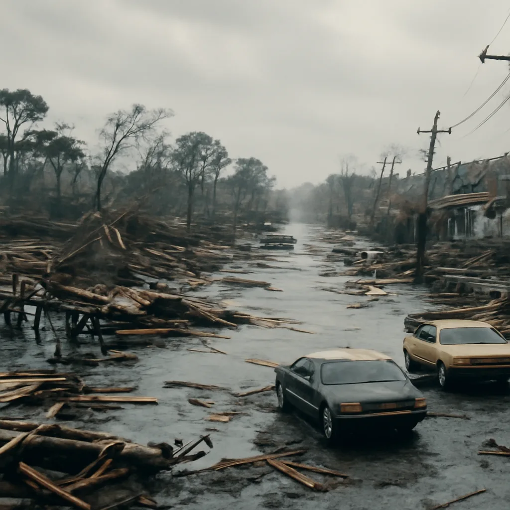 Damaged beachfront properties, toppled trees, and debris-strewn streets near Charleston, South Carolina, after Hurricane Hugo's 1989 landfall.
