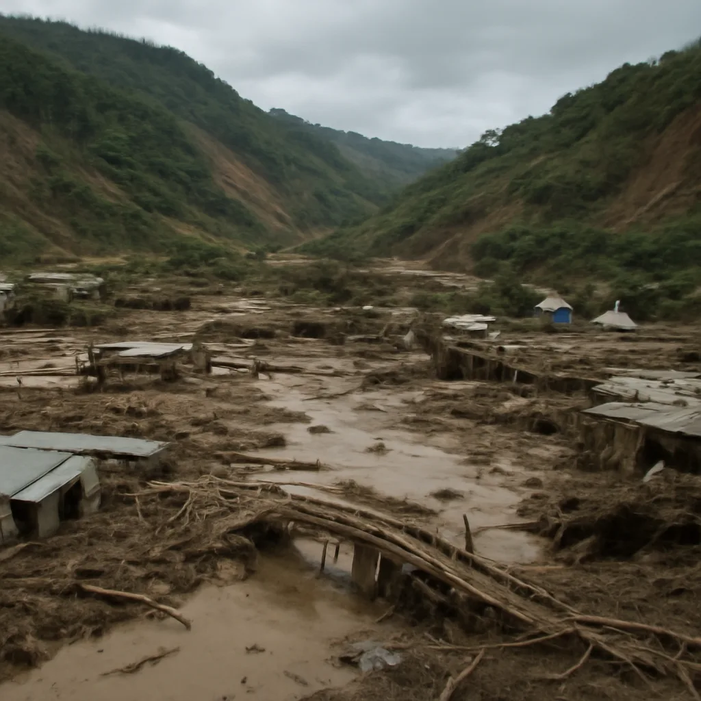 Destroyed houses and buried roads near a swollen river valley in post-Hurricane Mitch Central America; mud-covered trees, broken bridges and scattered debris indicating widespread flooding and landslides.