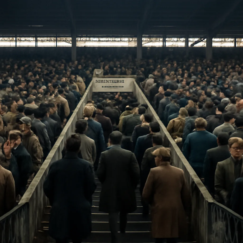 Crowded steep concrete stairway in an older stadium interior, with people filling the steps and exits at the base; atmosphere tense and somber, dated early 1970s.