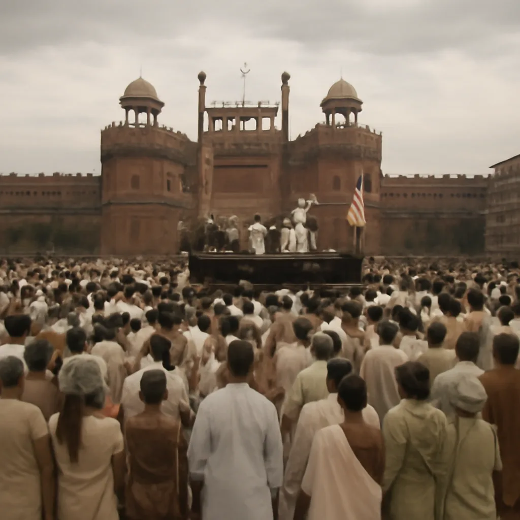 Crowd and flag-raising ceremony at New Delhi’s Red Fort on 15 August 1947, marking transfer of power from British rule to independent India (historic scene, non-identifiable faces).