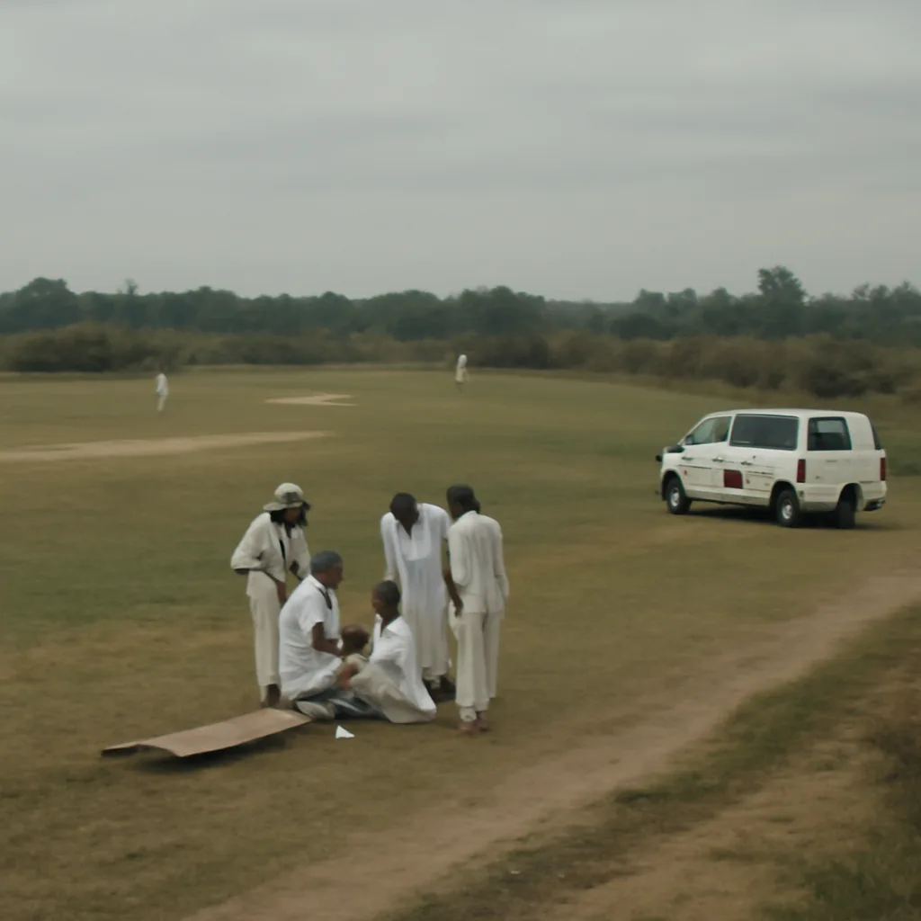 Outdoor cricket ground with short grass and boundary rope near scrubby vegetation; players clustered near the pitch receiving attention while an ambulance is parked nearby.