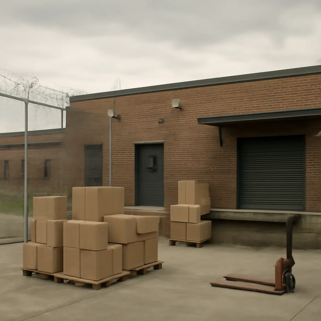 Exterior view of a small county detention center loading area with stacked large cardboard boxes on a pallet being moved by staff; overcast daytime, no identifiable faces.