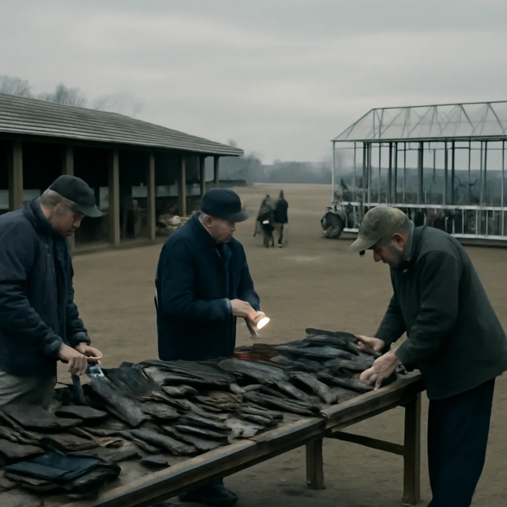 Racecourse paddock and starting gate area with empty stalls and tack; officials inspecting saddles and equipment under overcast sky.