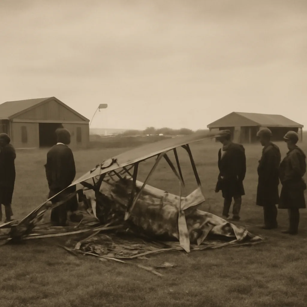 Interwar-era airfield scene with a damaged biplane wrecked on the ground, investigators and police standing nearby in period clothing, simple hangars and early airport infrastructure in the background.