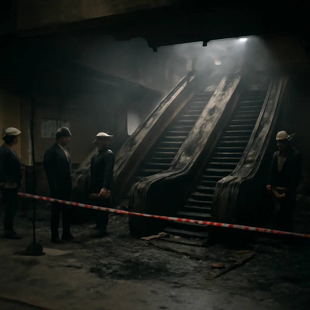 Emergency response at King's Cross Underground station after the 19 November 1987 fire; damaged wooden escalator area and smoke-darkened ticket hall with engineers and uniformed personnel inspecting the scene.
