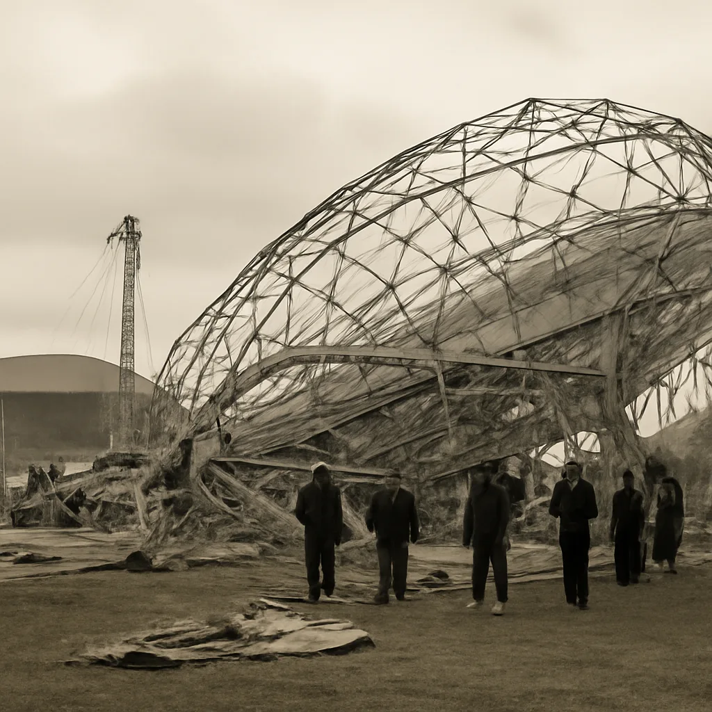 Burned wreckage of the Hindenburg at the Lakehurst airfield, showing collapsed framework and scorched fabric on an open field with emergency vehicles and naval personnel nearby.