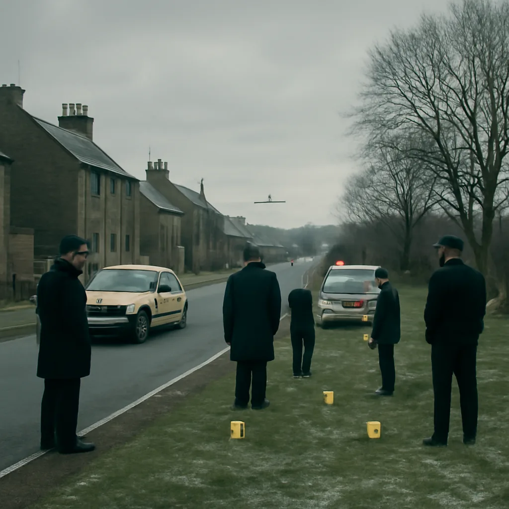 Wide view of Lockerbie town and a cold, overcast Scottish landscape near an airfield; somber scene suggesting aftermath and investigation.