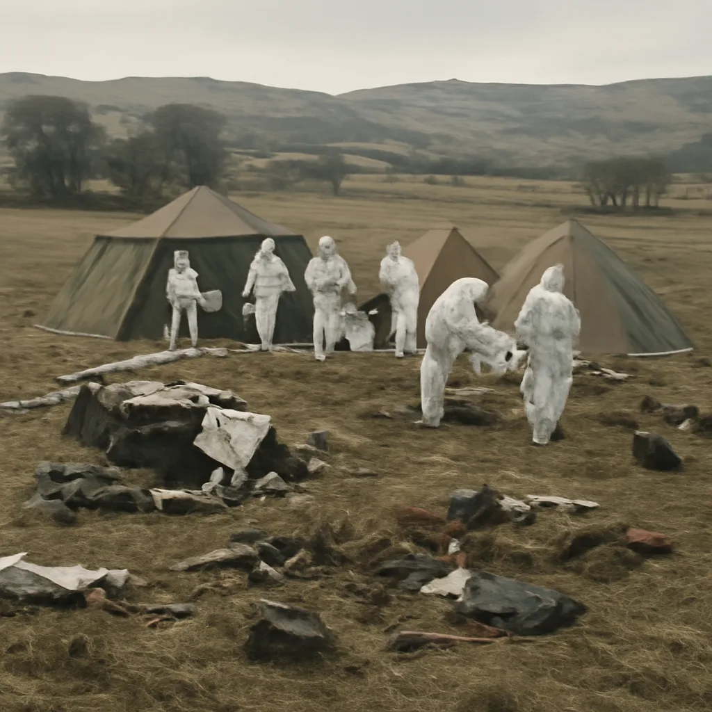 Crash site debris scattered across rural fields near Lockerbie, Scotland, with investigators and forensic tents in the distance.